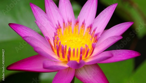 A vibrant, close-up view of a stunning pink lotus flower, showcasing its delicate petals and a bright yellow center.