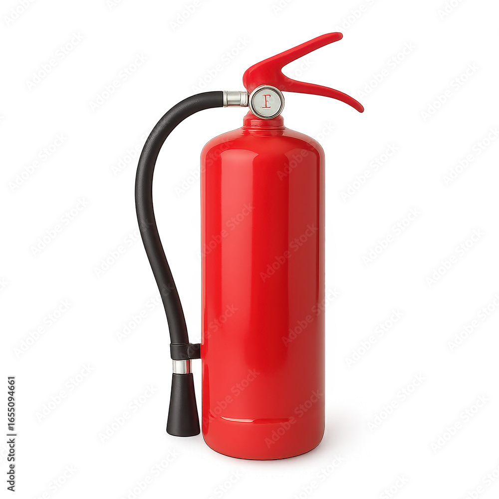 Fototapeta premium Red fire extinguisher with black hose isolated on black background