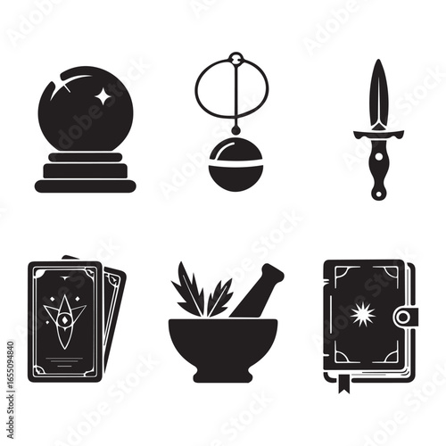 Mystical objects crystal ball tarot cards dagger mortar pestle spell book fortune telling divination