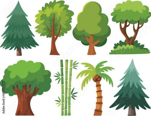 Variety of Trees with Artistic Flair A Colorful and Diverse Collection Showcasing Different Tree Species in a Whimsical and Cartoon Style, Perfect for Illustrative Purposes