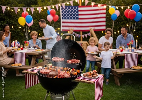 Photo of family celebrating labor day with barbecue picnic in backyard, enjoying food, fun, and friendship with american flag decoration