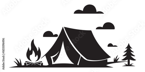 Tent campfire tree clouds outdoor scene camping