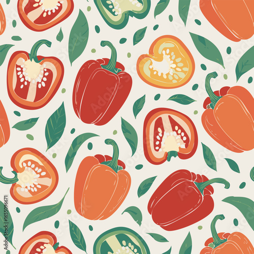 Hand-drawn vintage style illustration of red bell peppers with seeds and green leaves. Minimal retro design, soft colors, perfect for food, organic, farming, and kitchen projects
