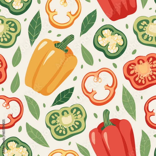 Hand-drawn vintage style illustration of red bell peppers with seeds and green leaves. Minimal retro design, soft colors, perfect for food, organic, farming, and kitchen projects