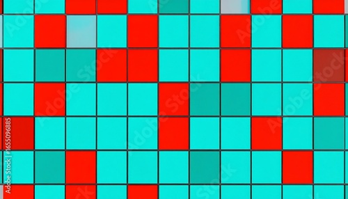 A vibrant, geometric pattern composed of squares in shades of red and turquoise, with dark outlines, creates a visually striking design.