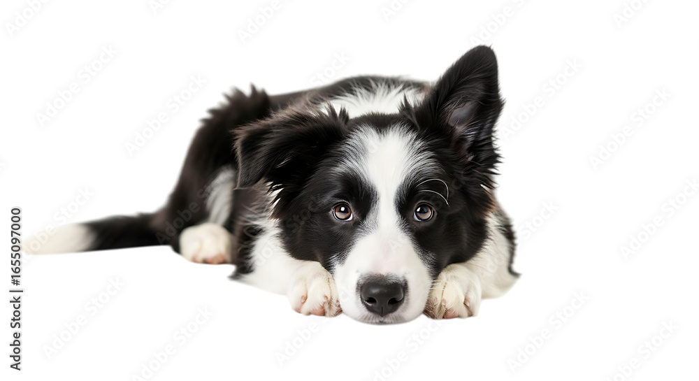 Fototapeta premium Adorable young border collie puppy lying down peacefully isolated on a black background with soft natural lighting