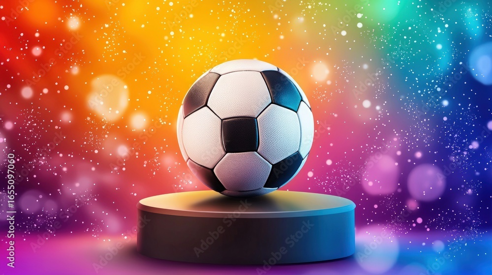 Naklejka premium A soccer ball on a pedestal with a colorful background and bokeh lights creating a magical atmosphere