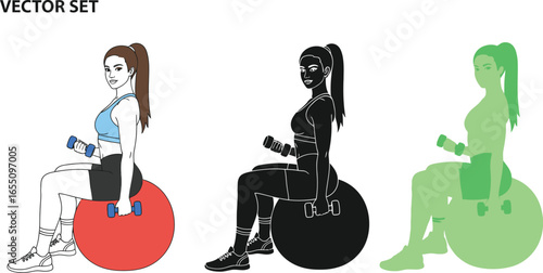 Woman exercising with dumbbells on fitness ball, strength training