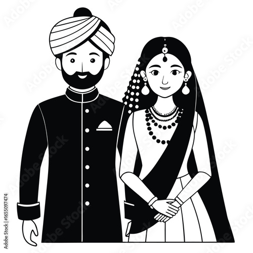 Traditional Indian Wedding Couple in Elegant Attire A Heartwarming Depiction of Love and Cultural Heritage Black and White Art