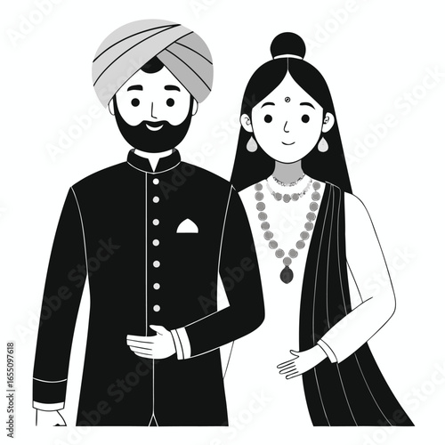 Traditional Indian Wedding Couple in Elegant Attire A Heartwarming Depiction of Love and Cultural Heritage Black and White Art