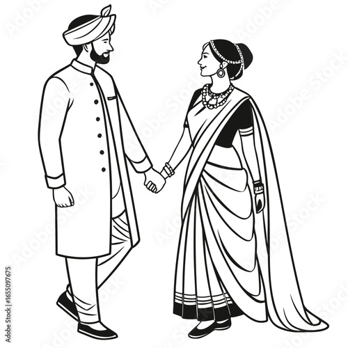 Traditional Indian Wedding Couple in Elegant Attire A Heartwarming Depiction of Love and Cultural Heritage Black and White Art