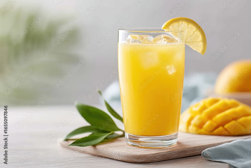 Fototapeta premium Refreshing mango lemonade in a clear glass adorned with mango slices on a wooden table