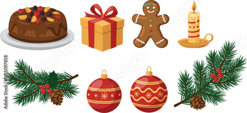 Christmas still life with cake, gift, gingerbread man, candle, ornaments, and pine branches on transparent background