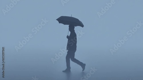 Silhouette of person walking in a misty day holding an umbrella