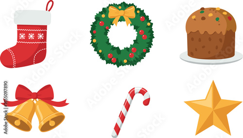 Christmas icons: stocking, wreath, panettone, bells, candy cane, star on transparent background