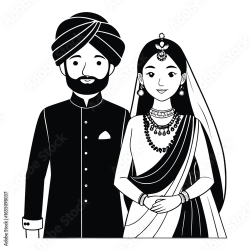 Traditional Indian Wedding Couple in Elegant Attire A Heartwarming Depiction of Love and Cultural Heritage Black and White Art