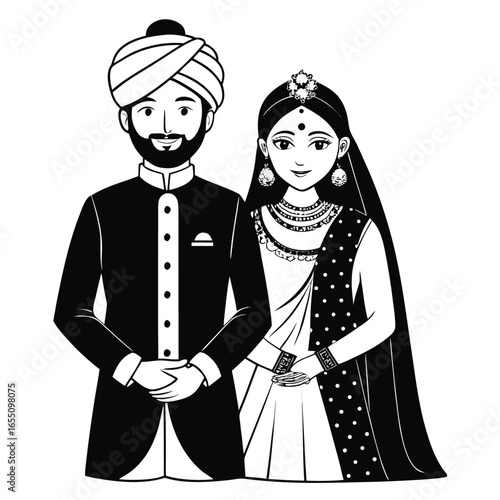 Traditional Indian Wedding Couple in Elegant Attire A Heartwarming Depiction of Love and Cultural Heritage Black and White Art