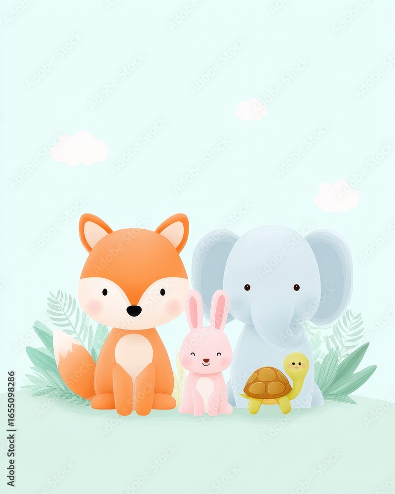 Obraz premium Cute pastel cartoon baby animals fox rabbit elephant turtle in a playful scene digital illustration whimsical environment