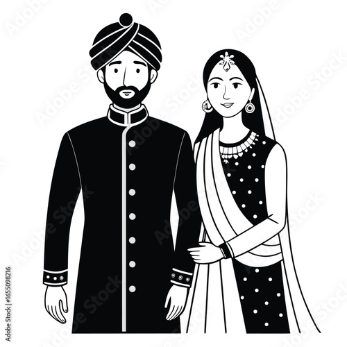 Traditional Indian Wedding Couple in Elegant Attire A Heartwarming Depiction of Love and Cultural Heritage Black and White Art