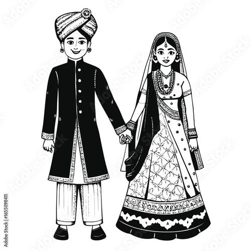 Traditional Indian Wedding Couple in Elegant Attire A Heartwarming Depiction of Love and Cultural Heritage Black and White Art