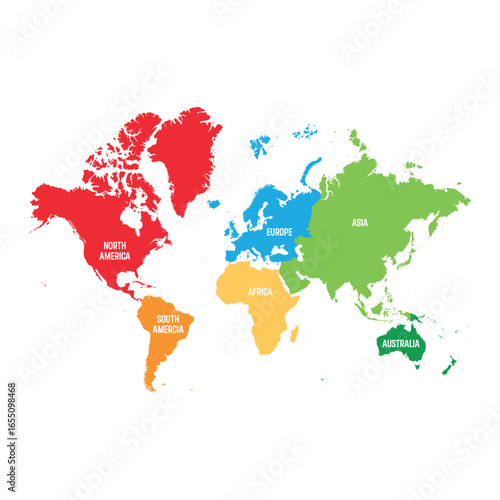 colorful world map showing labeled continents with simplified geographic layout on white background, vector