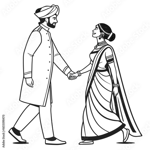 Traditional Indian Wedding Couple in Elegant Attire A Heartwarming Depiction of Love and Cultural Heritage Black and White Art