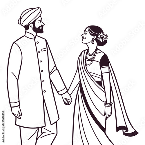 Traditional Indian Wedding Couple in Elegant Attire A Heartwarming Depiction of Love and Cultural Heritage Black and White Art