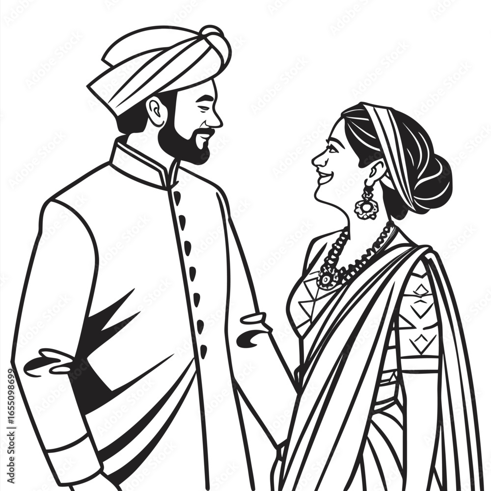 Fototapeta premium Traditional Indian Wedding Couple in Elegant Attire A Heartwarming Depiction of Love and Cultural Heritage Black and White Art