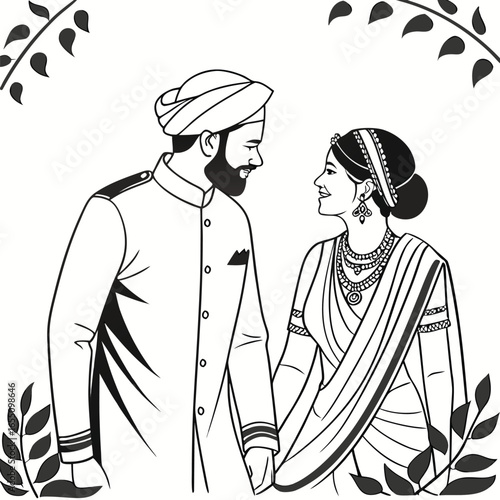 Traditional Indian Wedding Couple in Elegant Attire A Heartwarming Depiction of Love and Cultural Heritage Black and White Art