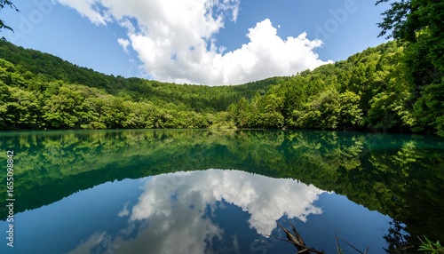 Serene lake reflecting a vibrant sky and lush mountainside scenery.