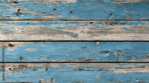 Weathered, close-up shot of horizontally arranged wood planks, painted blue with worn texture