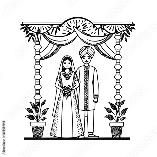 Traditional Indian Wedding Illustration Featuring Bride and Groom Under a Floral Mandap for Celebration and Cultural Representation