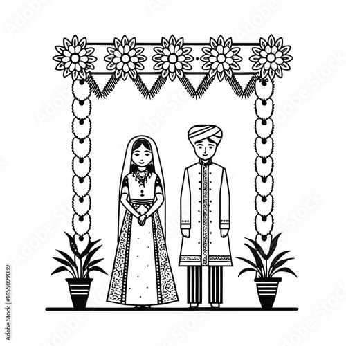 Traditional Indian Wedding Illustration Featuring Bride and Groom Under a Floral Mandap for Celebration and Cultural Representation