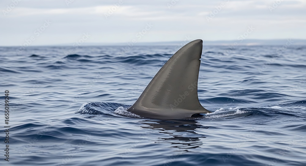Fototapeta premium A sharks dorsal fin breaks the surface of the deep blue ocean, symbolizing the power and majesty of this apex predator