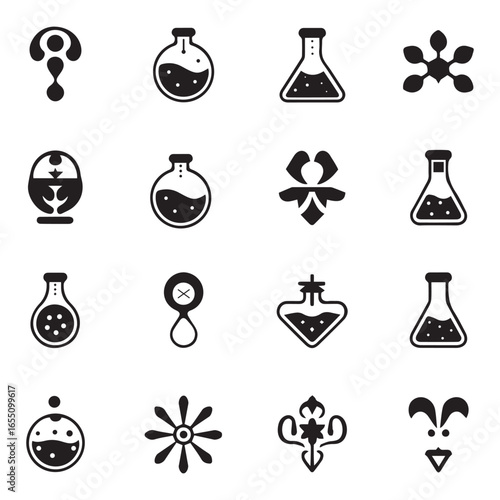 Collection of alchemical symbols and laboratory glassware flasks beakers