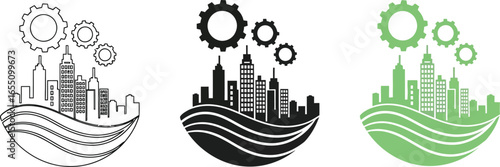 Modern city skyline with gears symbolizing industry and progress