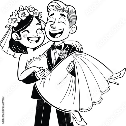 Joyful Wedding Celebration A Groom Carries His Bride in Happiness and Love Black and White Line Art