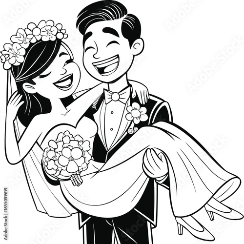 Joyful Wedding Celebration A Groom Carries His Bride in Happiness and Love Black and White Line Art