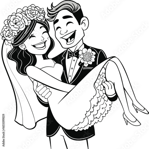 Joyful Wedding Celebration A Groom Carries His Bride in Happiness and Love Black and White Line Art