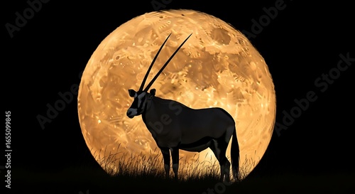 Silhouette of a gemsbok oryx standing in front of a large, glowing full moon at night in the african savanna