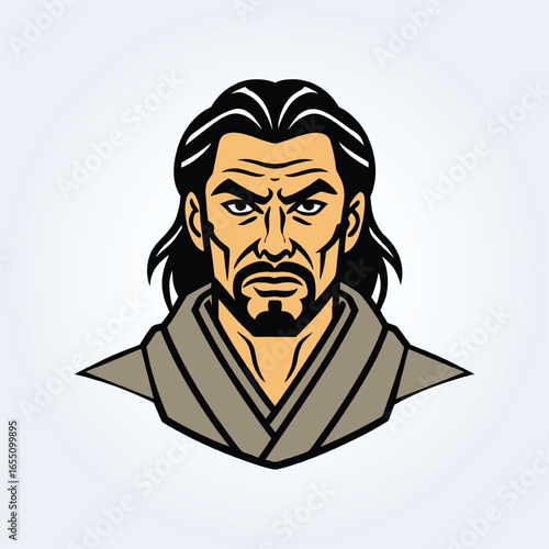 A character illustration of a samurai man in a grey suit with long hair