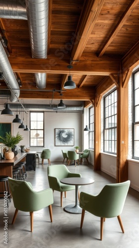 Modern industrial loft office space with exposed wooden beams and comfortable seating areas