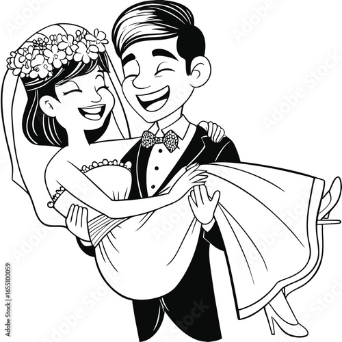 Joyful Wedding Celebration A Groom Carries His Bride in Happiness and Love Black and White Line Art