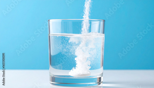 White medical powder dissolving in glass of clear water. Cold, flu and pain relief. Vitamin C.