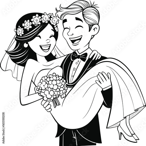 Joyful Wedding Celebration A Groom Carries His Bride in Happiness and Love Black and White Line Art
