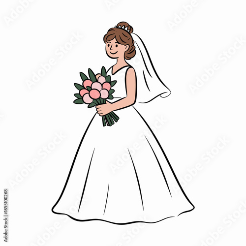 Bride holding bouquet, a hand-drawn illustration