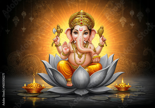 Smiling Bal Ganapati Sitting on Lotus Flower with Warm Radiant Background and Decorative Floral Patterns