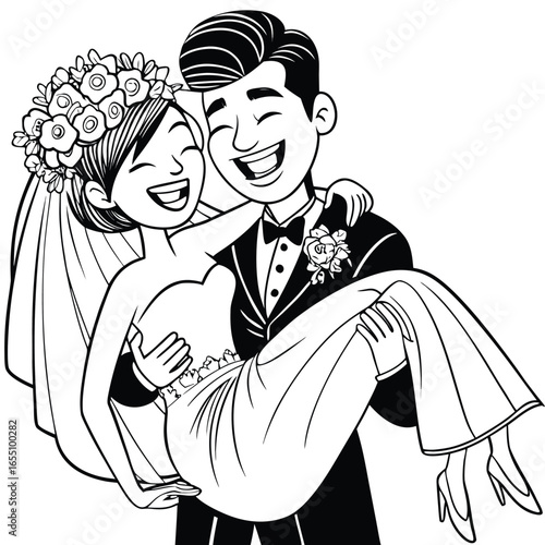 Joyful Wedding Celebration A Groom Carries His Bride in Happiness and Love Black and White Line Art
