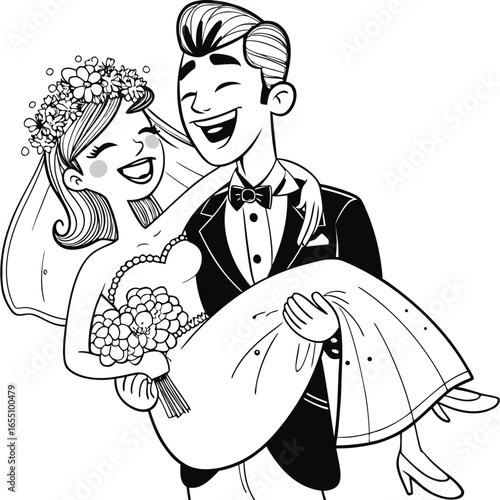 Joyful Wedding Celebration A Groom Carries His Bride in Happiness and Love Black and White Line Art