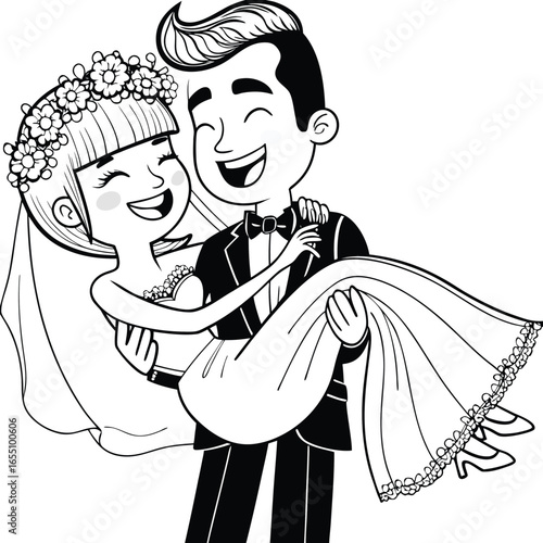 Joyful Wedding Celebration A Groom Carries His Bride in Happiness and Love Black and White Line Art